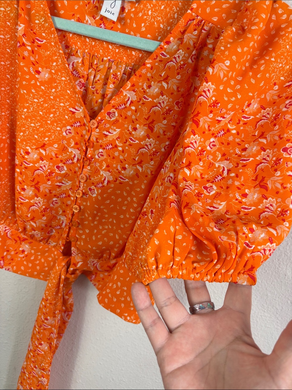 Joie Orange Floral Cropped Top Tie / Button Front size XS - Picture 5 of 9